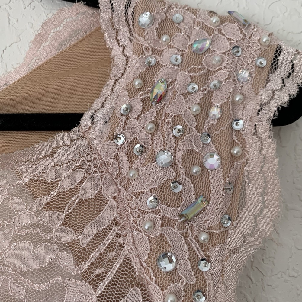 City Triangles Lace Gown Women 13 Pink Beaded Illusion Slit Prom Formal Romantic - Picture 4 of 12